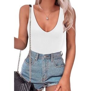 SAUNGKUAI White Sleeveless Bodysuit Women's V-Neck‎ and Back Tank Top Casual M